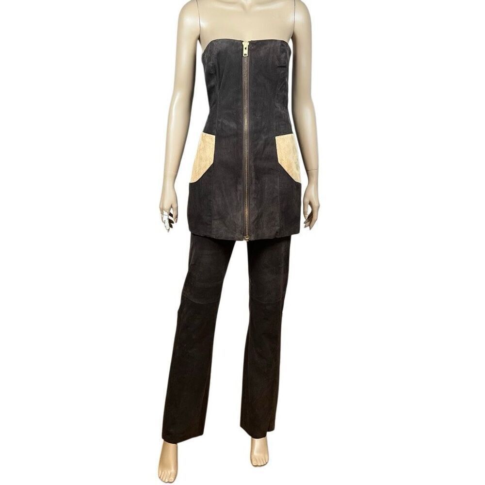 NWT Vintage Cortazar Brown Suede Strapless Top & Low-Rise Pants Set (053)